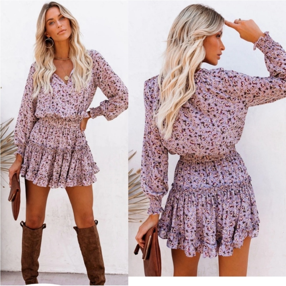 Skylar Madison Purple Floral Smocked Ruffle Dress Cottagecore Milkmaid Fairy S - Picture 2 of 6